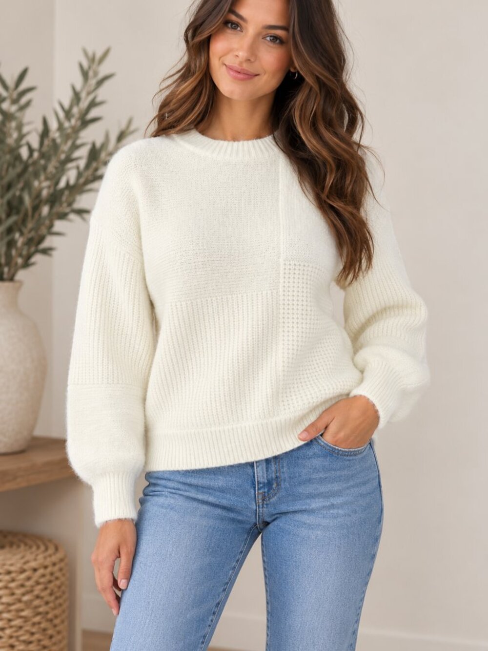244. Dropped Shoulder Crewneck Patchwork Sweater
